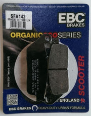 EBC Brakes Scooters organic brake pad SFA142 showing the brake pad with branding and organic material for scooter braking.