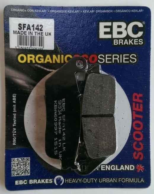 EBC Brakes Scooters organic brake pad SFA142 showing the black brake pad with EBC branding for scooters