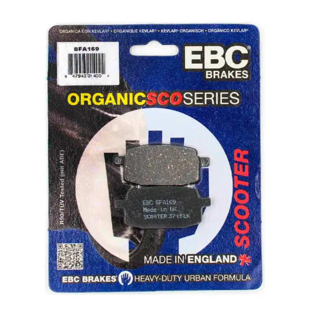 EBC Brakes Scooters organic brake pad SFA169 showing the black, friction surface and metal backing for scooter braking system.