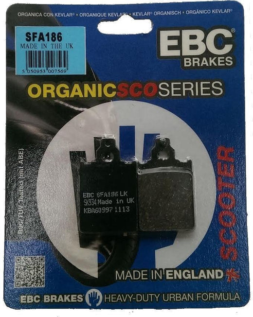 EBC Brakes Scooters organic brake pad SFA186 showing the black rubber and metal components for scooter braking system.