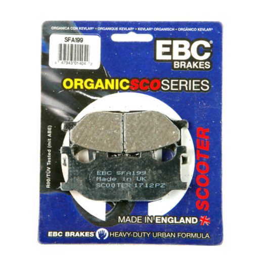 EBC Brakes Scooters organic brake pad SFA199 showing the black friction surface and metal backing plate.