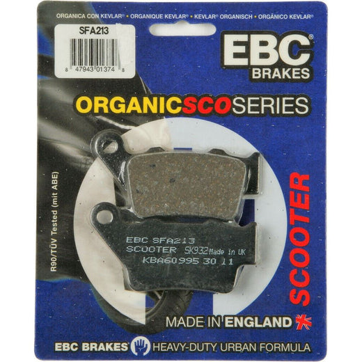 EBC Brakes Scooters organic brake pad SFA213 showing the brake pad with friction material and metal backing plate