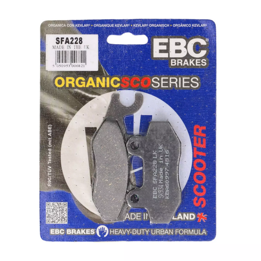 EBC Brakes Scooters organic brake pad SFA228 showing black friction material with metal backing plate for scooter braking system