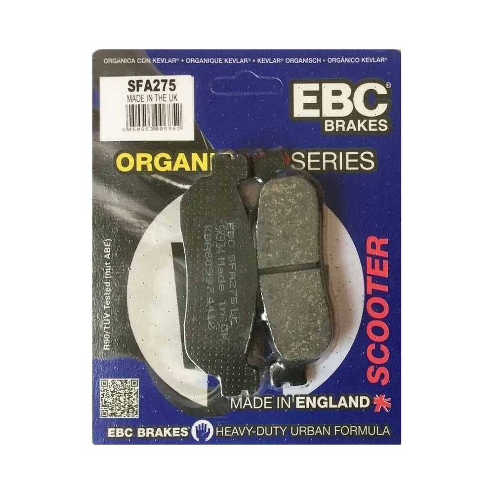 EBC Brakes Scooters organic brake pad SFA275 showing the black brake pad with EBC branding and mounting holes.