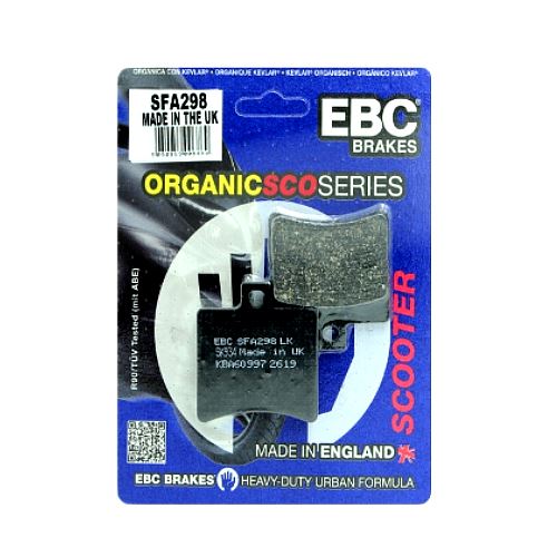 EBC Brakes Scooters organic brake pad SFA298 showing the black, textured brake pad with mounting holes for scooter braking system.