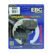 EBC Brakes Scooters organic brake pad SFA301 shown, designed for scooter braking systems, with a black and metal finish.
