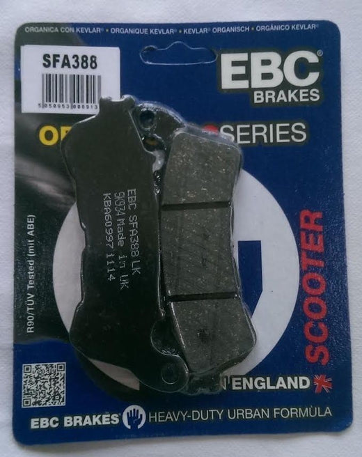 EBC Brakes Scooters organic brake pad SFA388 shown with black friction material and metal backing plate for scooter braking systems.