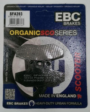 EBC Brakes Scooters organic brake pad SFA393 showing the black brake pad with branding and mounting holes.
