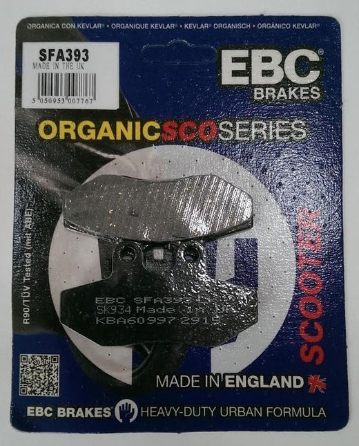 EBC Brakes Scooters organic brake pad SFA393 showing a close-up of the brake pad with textured surface and branding details