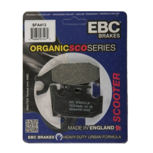 EBC Brakes Scooters organic brake pad SFA413 showing the black friction material and metal backing plate for scooter braking.