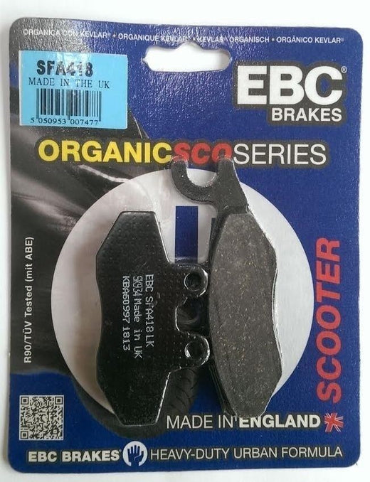 EBC Brakes Scooters organic brake pad SFA418 showing the black friction surface and metal backing plate for scooter braking system.