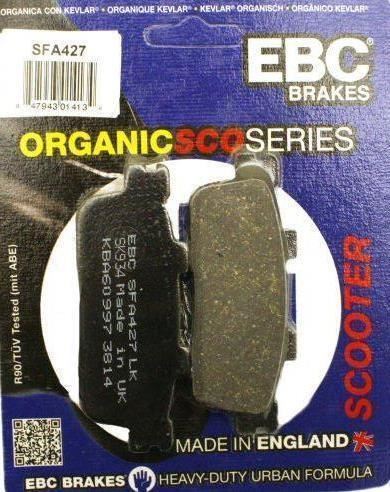 EBC Brakes Scooters organic brake pad SFA427 showing the brake pad with detailed material surface and branding.