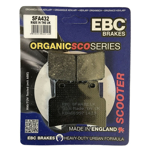 EBC Brakes Scooters organic brake pad SFA432 showing the black rubber brake pad with metal backing for scooter stopping power.