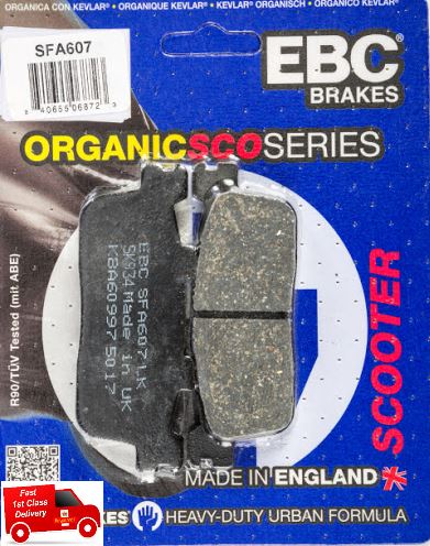 EBC Brakes Scooters organic brake pad SFA607 with black friction material and metal backing plate for scooter braking system.