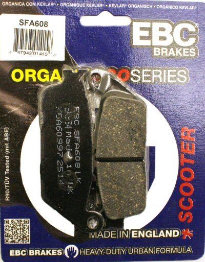 EBC Brakes Scooters organic brake pad SFA608 showing the black friction surface and metal backing plate for scooter braking system.