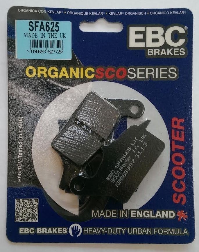 EBC Brakes Scooters organic brake pad SFA625 showing the black brake pad with mounting hardware on a white background.