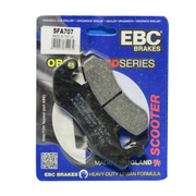 EBC Scooters organic brake pad SFA707 installed on a scooter with a close-up view of the brake pad surface.