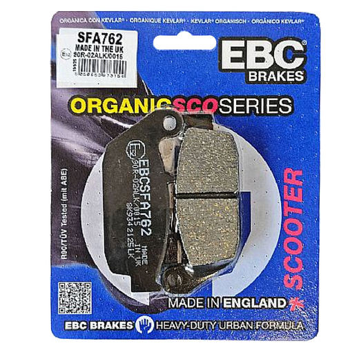EBC Brakes Scooters organic brake pad SFA762 showing the black, curved brake pad with metal backing for scooter braking systems.
