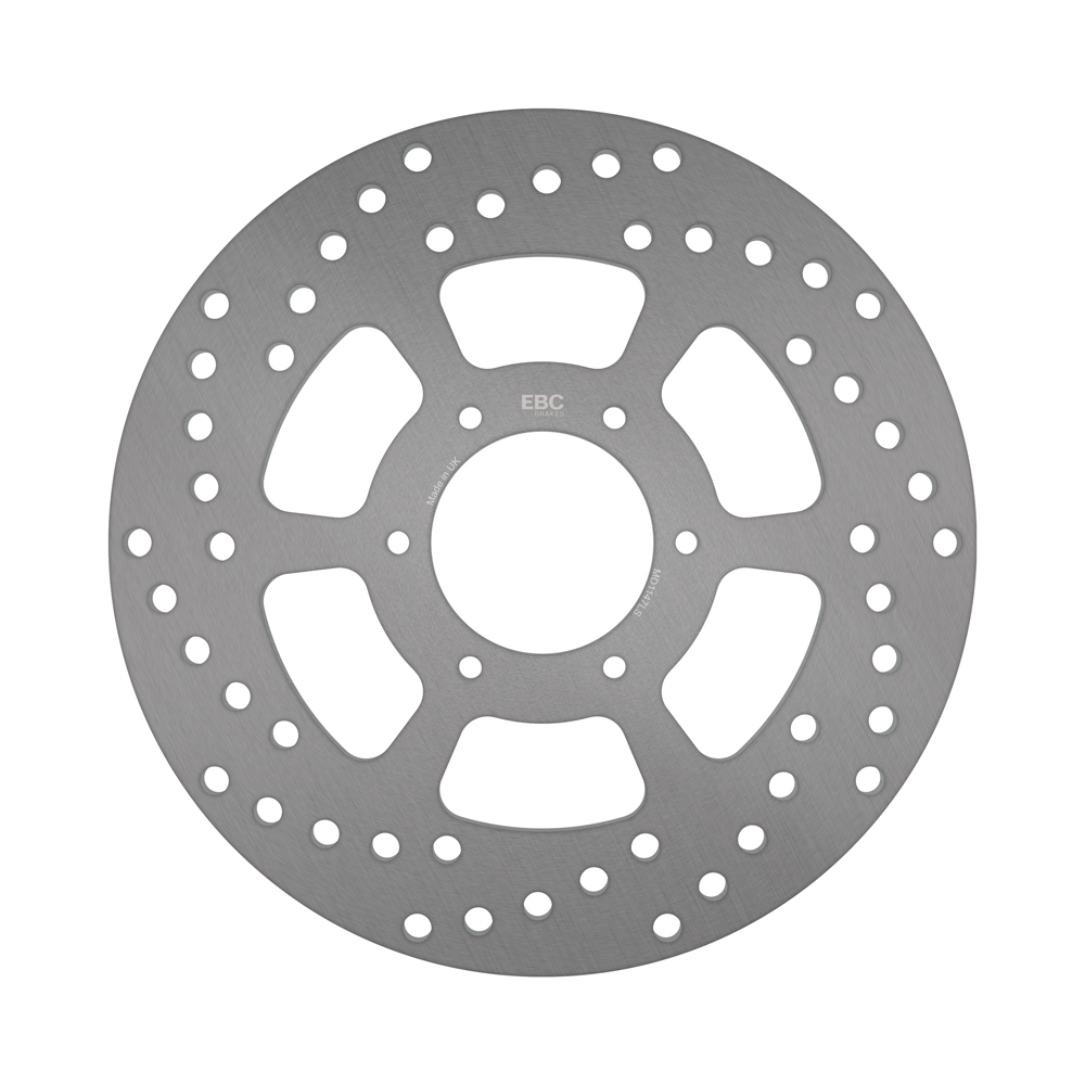 EBC motorcycle brake disc MD1147LS with ventilated design and stainless steel construction, mounted on a motorcycle wheel.