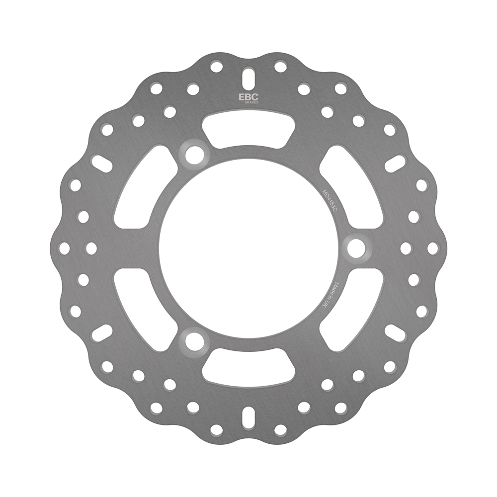 EBC stainless steel brake disc with contoured profile, MD4163C, showing smooth surface and vented design for improved braking.