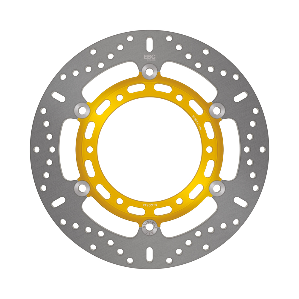 EBC X Brake Disc MD2074X showing a high-performance motorcycle brake rotor with ventilated design and metallic finish