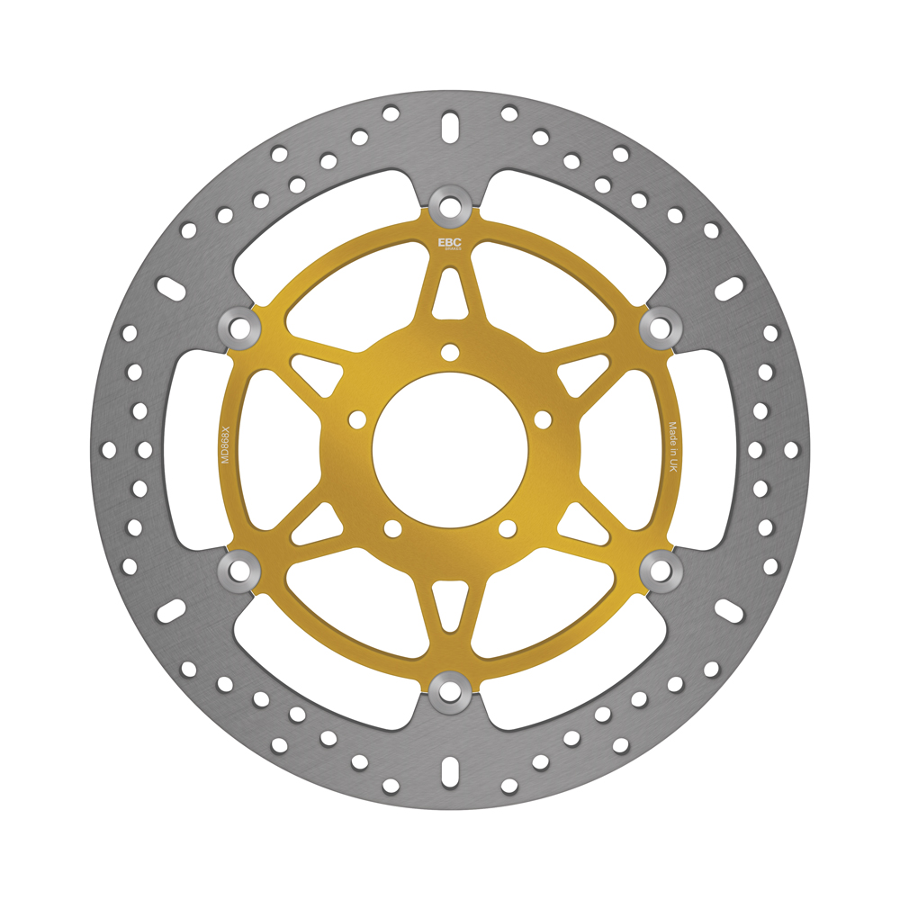 EBC X Brake Disc MD868X for motorcycle, showing the vented metal disc with drilled holes for improved cooling and performance.