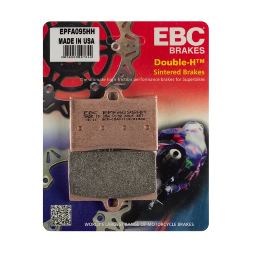 EBC Extreme Pro Sinter Brake Pads showing black and metal brake pad with branding markings for motorcycle use