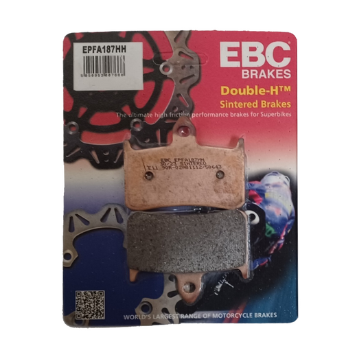 EBC Extreme Pro Sinter Brake Pads installed on motorcycle brake disc, showcasing high-performance braking components.