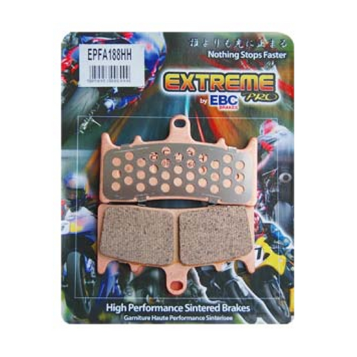 EBC Extreme Pro Sinter Brake Pads showing metallic friction material and backplate for high-performance motorcycle braking.