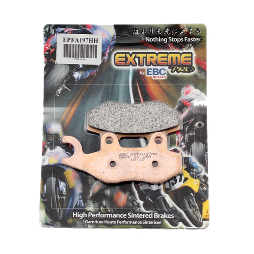 EBC Extreme Pro Sinter Brake Pads installed on a vehicle's brake caliper, showing detailed friction material and metal backing plate.