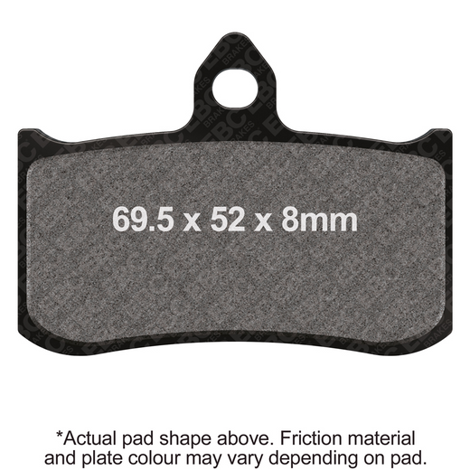 EBC Extreme Pro Sinter Brake Pads for high-performance braking, shown in black with metal backing plates and detailed surface texture.