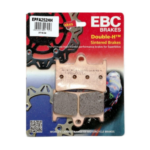 EBC Extreme Pro Sinter Brake Pads installed on motorcycle brake caliper showing durable, high-performance brake pad design.