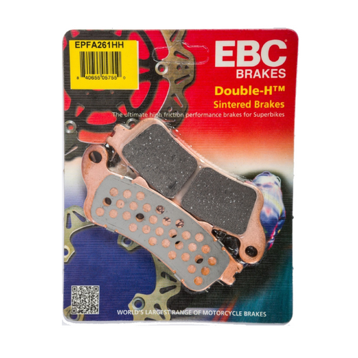 EBC Extreme Pro Sinter Brake Pads with black brake pad material and metal backing plate, designed for high-performance motorcycle braking.