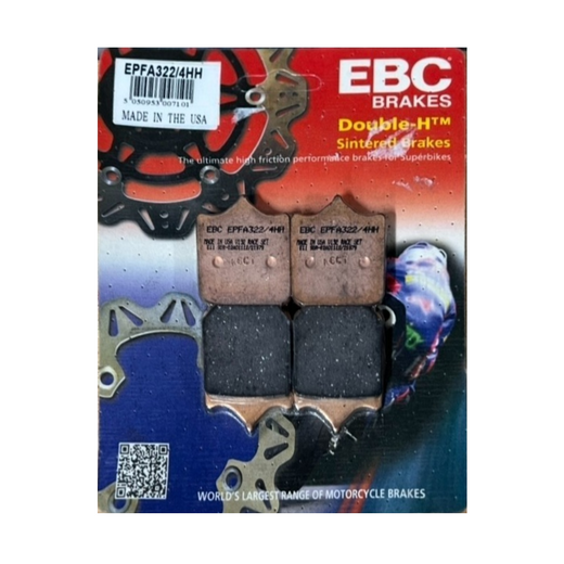 EBC Extreme Pro Sinter Brake Pads shown in black with metal backing plates, designed for high-performance motorcycle braking systems.