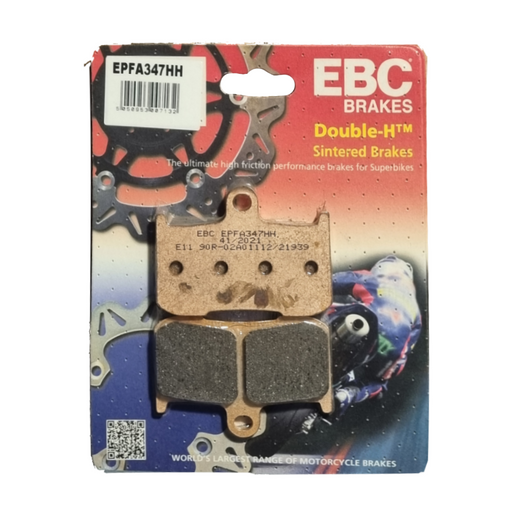 EBC Extreme Pro Sinter Brake Pads shown in black with metal backing, designed for high-performance motorcycle braking.