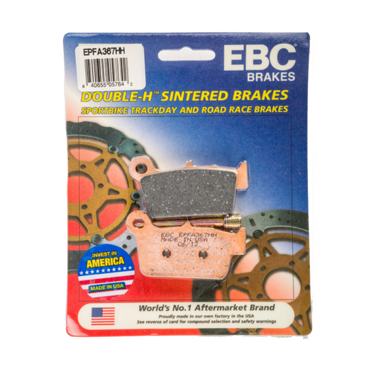 EBC Extreme Pro Sinter Brake Pads installed on a motorcycle brake rotor showing the brake pad surface and mounting hardware.