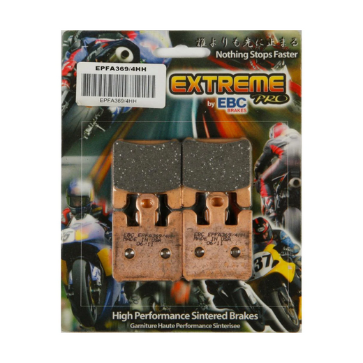 EBC Extreme Pro Sinter Brake Pads shown in black with metal backing plates, designed for high-performance motorcycle braking systems.