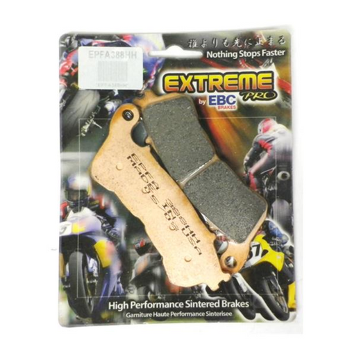 EBC Extreme Pro Sinter Brake Pads installed on motorcycle brake caliper showing detailed friction surface and metal backing plate.