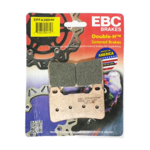 EBC Extreme Pro Sinter Brake Pads installed on motorcycle brake disc, showcasing high-performance brake components.