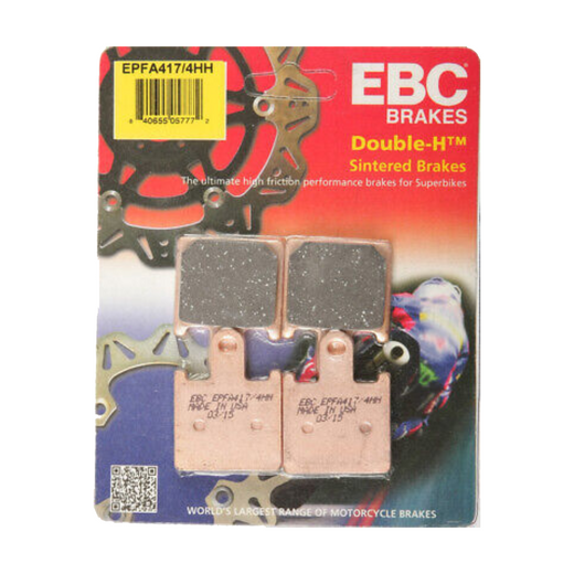 EBC Extreme Pro Sinter Brake Pads installed on motorcycle brake disc, showcasing high-performance brake components.