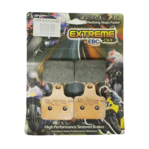 EBC Extreme Pro Sinter Brake Pads for high-performance motorcycle braking, with detailed metal-textured surface visible.