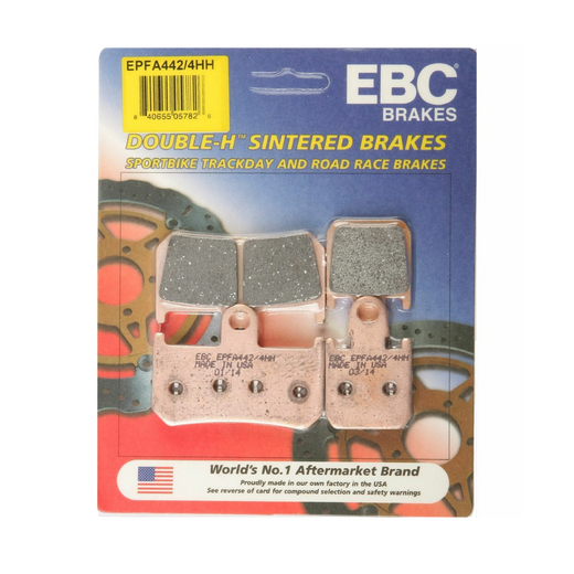 EBC Extreme Pro Sinter Brake Pads installed on motorcycle brake caliper, showing detailed view of the high-performance brake pads.