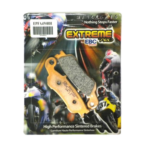 EBC Extreme Pro Sinter Brake Pads for enhanced stopping power and durability, shown in close-up with metal backing plates.