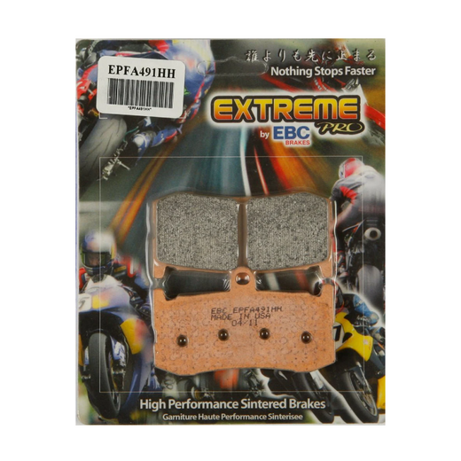 EBC Extreme Pro Sinter Brake Pads with black backing plates and metal contact points for high-performance braking.
