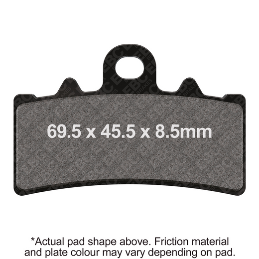 EBC EPFA606HH Extreme Pro Sinter Brake Pads installed on motorcycle brake caliper, close-up view showing detailed friction surface