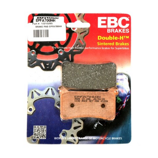 EBC Extreme Pro Sinter Brake Pads installed on motorcycle brake rotor, showcasing high-performance brake pads for enhanced stopping power.