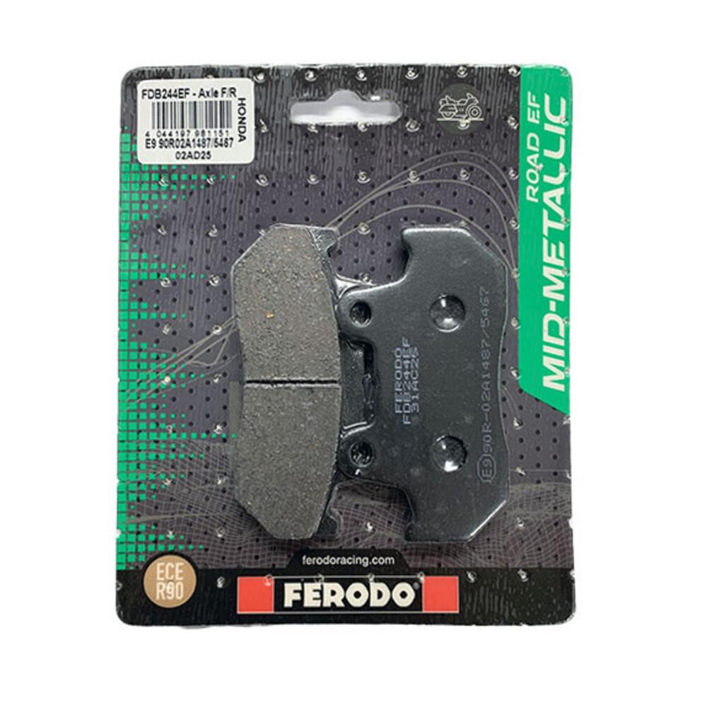 Ferodo Eco Friction brake pad FDB244EF showing the gray brake pad with mounting holes and specifications visible.