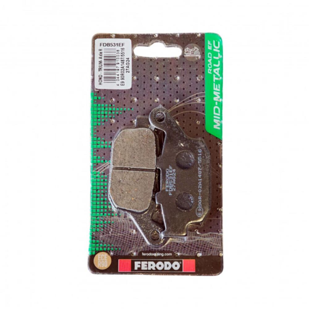 Ferodo Eco Friction brake pad FDB531EF installed in a vehicle brake caliper, showcasing the brake pad's durable design and eco-friendly features.