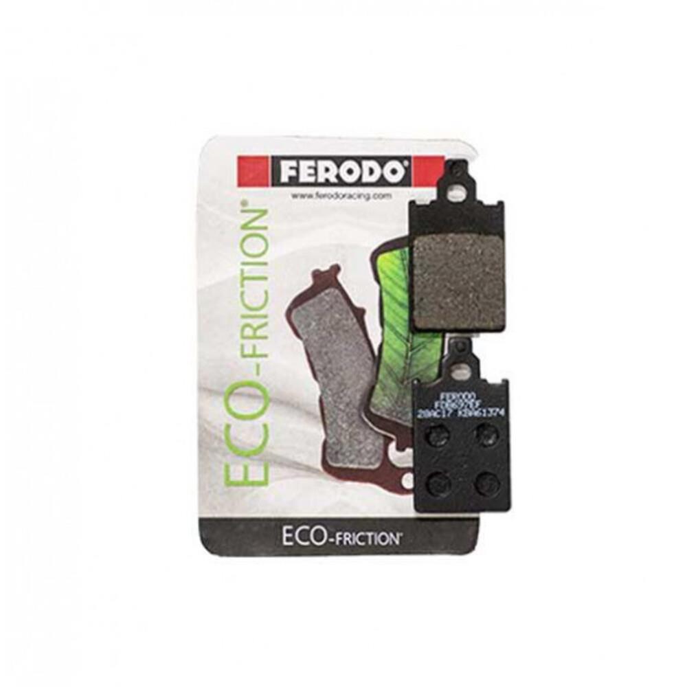 Ferodo Eco Friction brake pad FDB697EF showing the black brake pad with friction material and mounting holes for vehicle braking system.