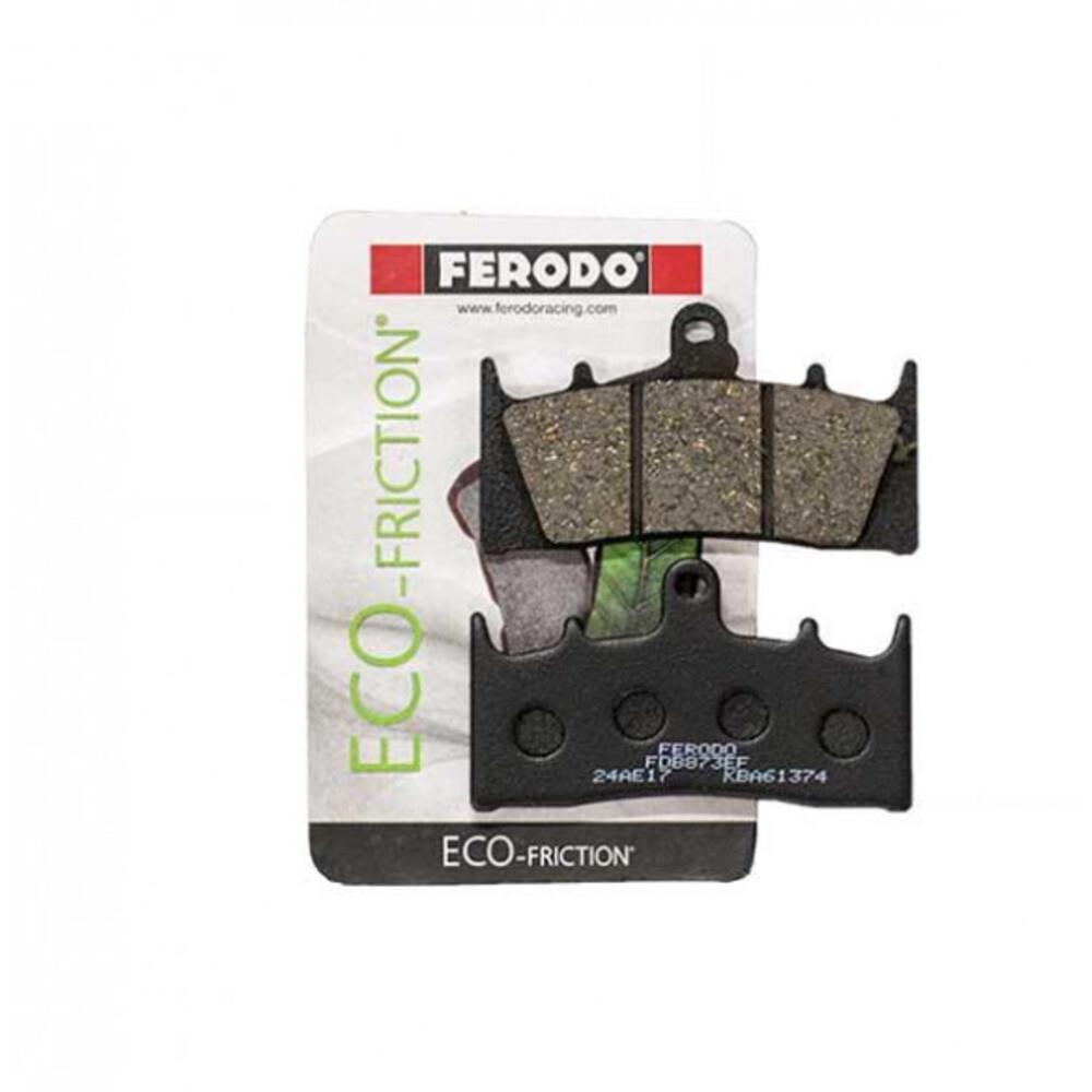 Ferodo Eco Friction Brake Pad FDB873EF showing the black brake pad with metal backing plate, designed for vehicle braking systems.